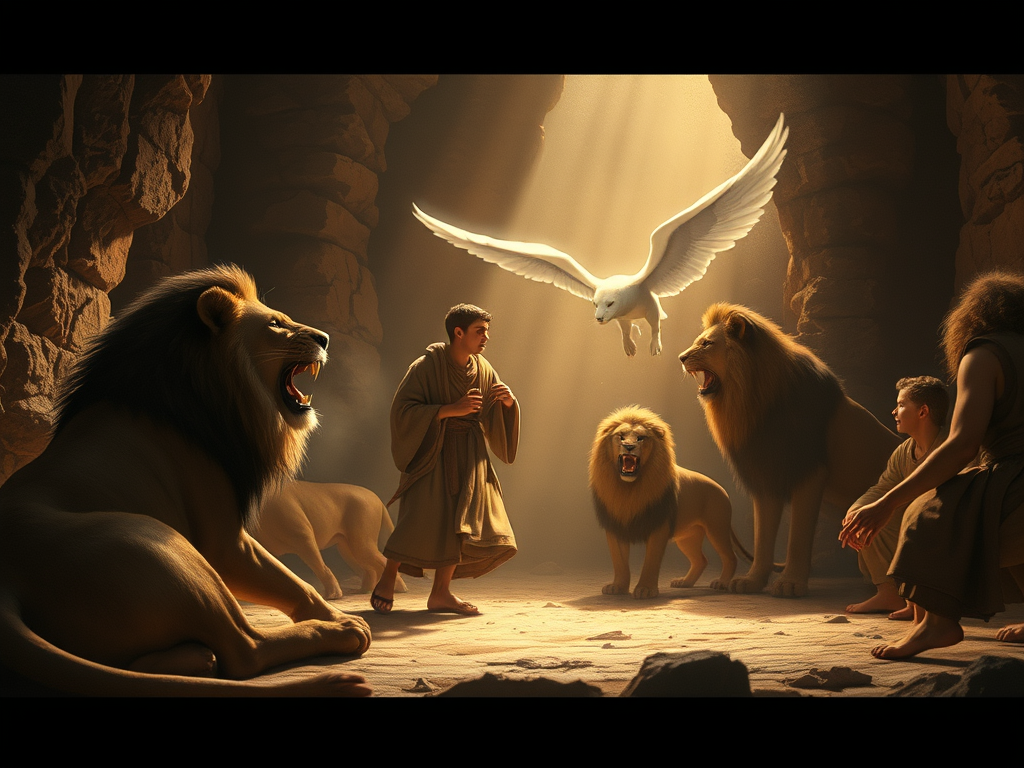 Daniel in the Den of Lions Vintage Biblical Illustration – Powerful Christian Artwork